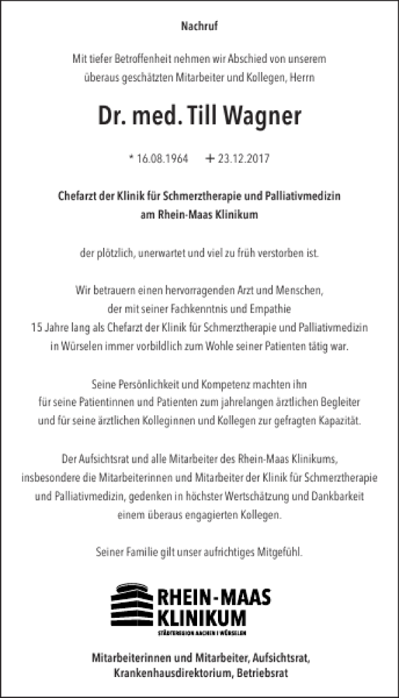  Traueranzeige für Dr. med. Till Wagner vom 20.01.2018 aus Aachener Zeitung / Aachener Nachrichten