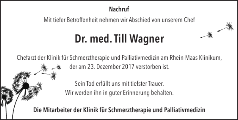 Traueranzeige für Dr. med. Till Wagner vom 20.01.2018 aus Aachener Zeitung / Aachener Nachrichten