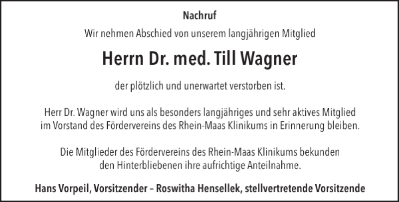  Traueranzeige für Dr. med. Till Wagner vom 20.01.2018 aus Aachener Zeitung / Aachener Nachrichten
