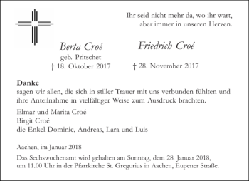 Traueranzeige von Friedrich Croé Berta Croé von Aachener Zeitung / Aachener Nachrichten