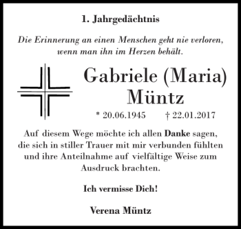Traueranzeige von Gabriele Maria Müntz von Super Sonntag / Super Mittwoch