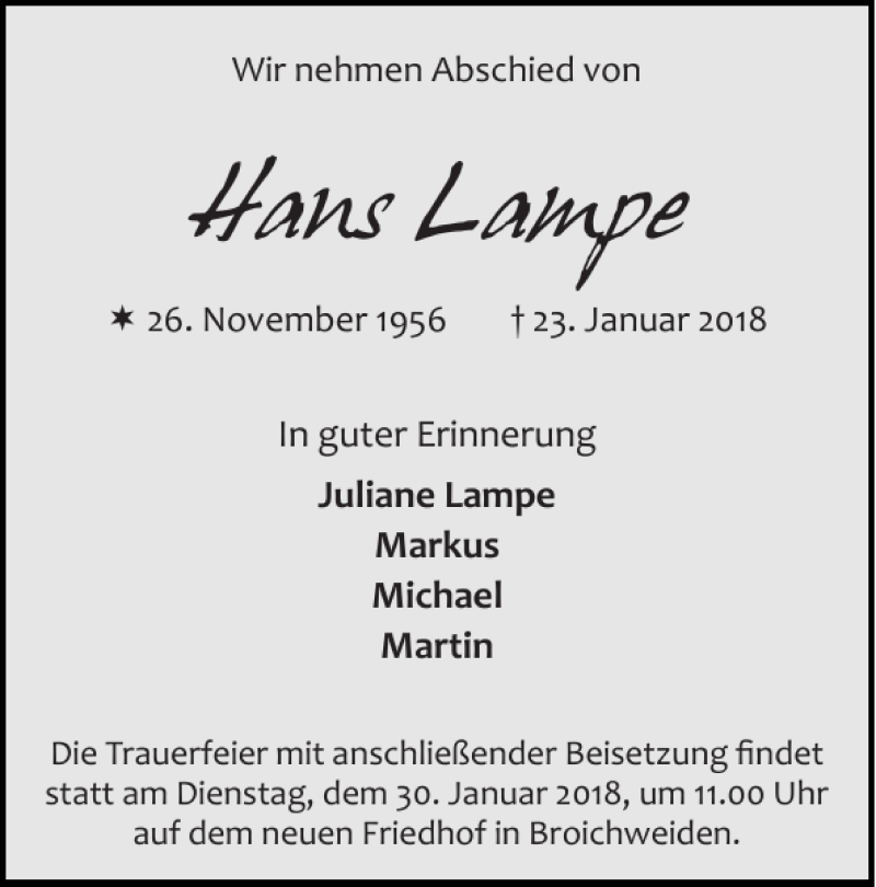  Traueranzeige für Hans Lampe vom 28.01.2018 aus Super Sonntag / Super Mittwoch