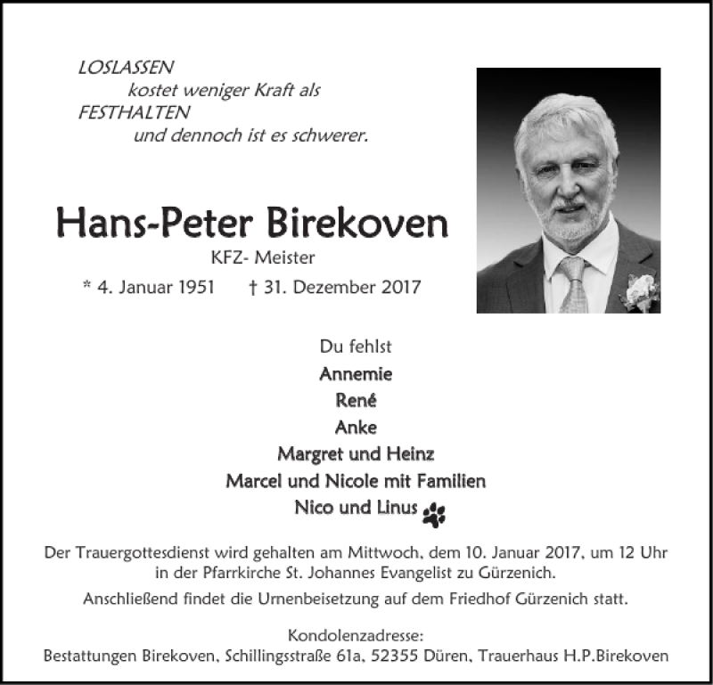  Traueranzeige für Hans-Peter Birekoven vom 07.01.2018 aus Super Sonntag / Super Mittwoch