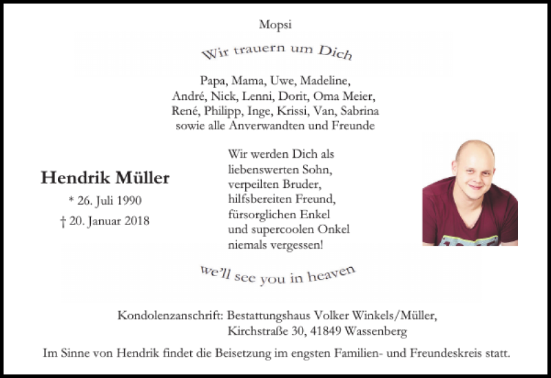  Traueranzeige für Hendrik Müller vom 28.01.2018 aus Super Sonntag / Super Mittwoch