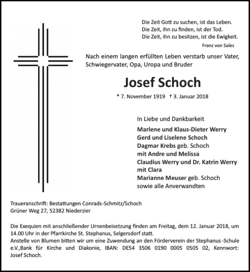 Traueranzeigen von Josef Schoch Aachen gedenkt