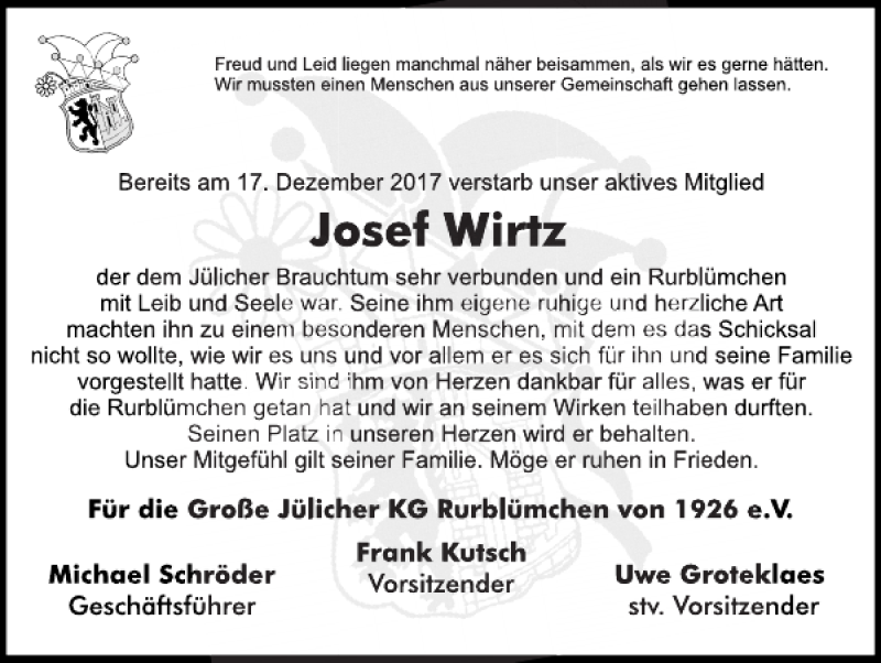 Traueranzeigen von Josef Wirtz Aachen gedenkt