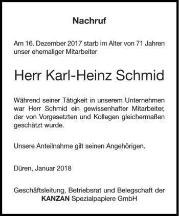 Traueranzeige von Karl-Heinz Schmid von Aachener Zeitung / Aachener Nachrichten