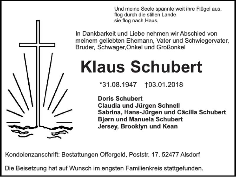  Traueranzeige für Klaus Schubert vom 14.01.2018 aus Super Sonntag / Super Mittwoch