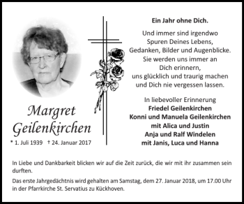 Traueranzeige von Margret Geilenkirchen von Super Sonntag / Super Mittwoch