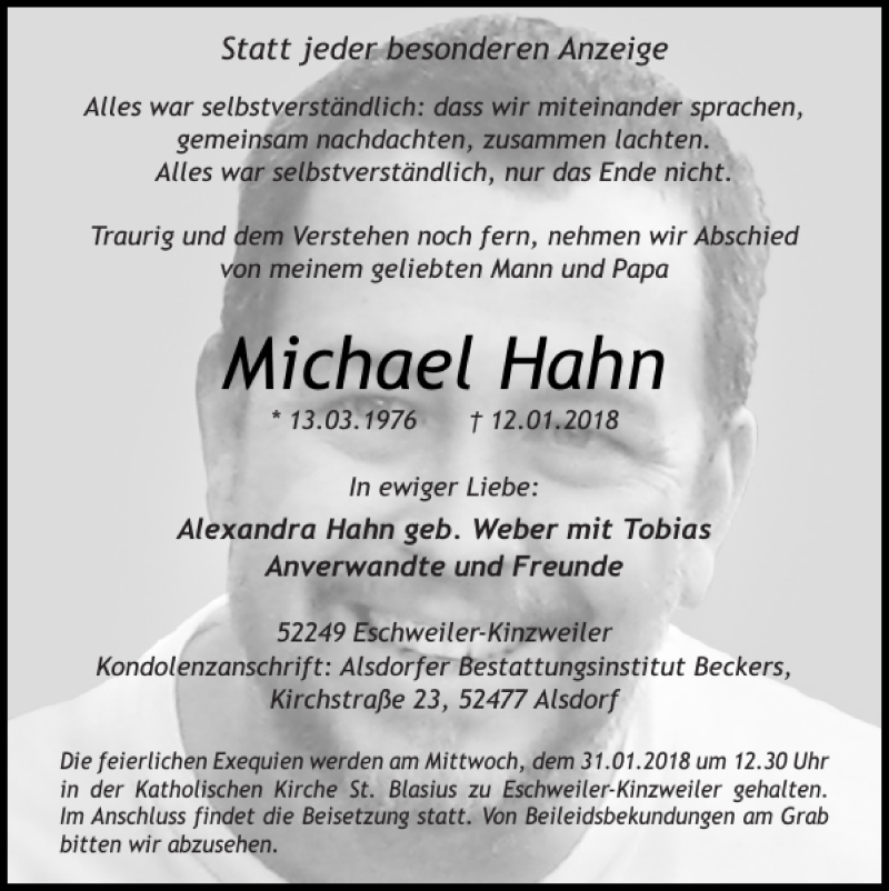  Traueranzeige für Michael Hahn vom 28.01.2018 aus Super Sonntag / Super Mittwoch