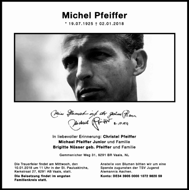  Traueranzeige für Michael Pfeiffer vom 06.01.2018 aus Aachener Zeitung / Aachener Nachrichten