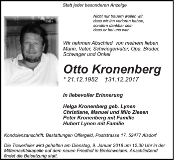Traueranzeige von Otto Kronenberg von Super Sonntag / Super Mittwoch