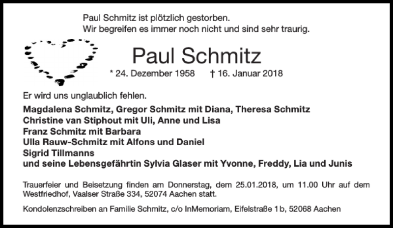  Traueranzeige für Paul Schmitz vom 20.01.2018 aus Aachener Zeitung / Aachener Nachrichten