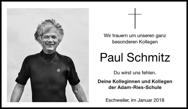  Traueranzeige für Paul Schmitz vom 20.01.2018 aus Aachener Zeitung / Aachener Nachrichten