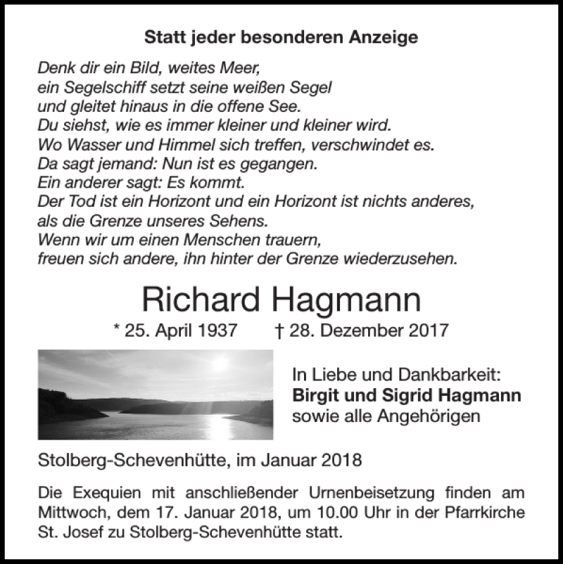 Traueranzeige für Richard Hagmann vom 07.01.2018 aus Super Sonntag / Super Mittwoch