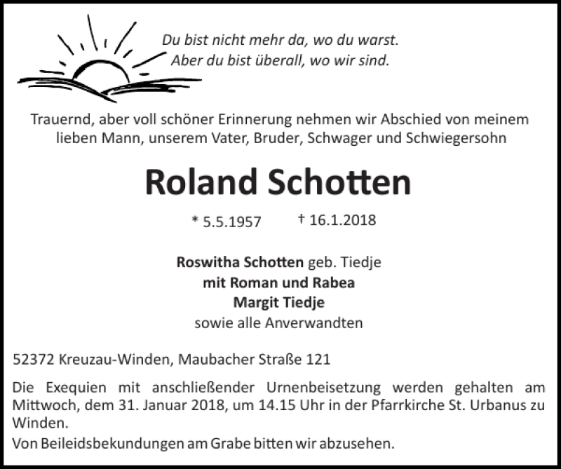 Traueranzeige für Roland Schotten vom 21.01.2018 aus Super Sonntag / Super Mittwoch