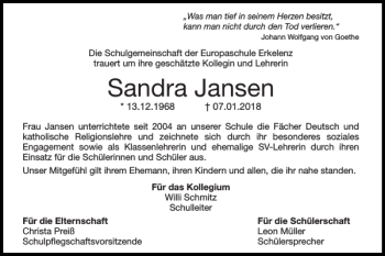 Traueranzeige von Sandra Jansen von Super Sonntag / Super Mittwoch