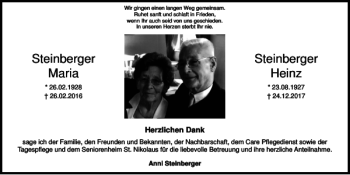 Traueranzeige von Steinberger Maria Steinberger Heinz von Super Sonntag / Super Mittwoch