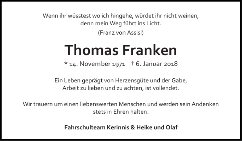  Traueranzeige für Thomas Franken vom 14.01.2018 aus Super Sonntag / Super Mittwoch
