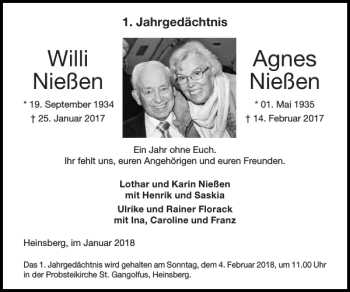 Traueranzeige von Willi Agnes Nießen Nießen von Super Sonntag / Super Mittwoch