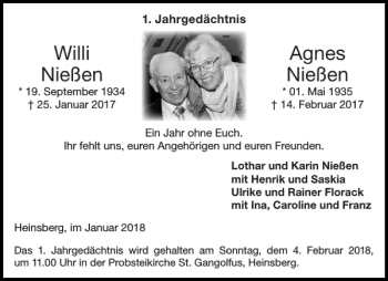 Traueranzeige von Willi Agnes Nießen Nießen von Aachener Zeitung / Aachener Nachrichten