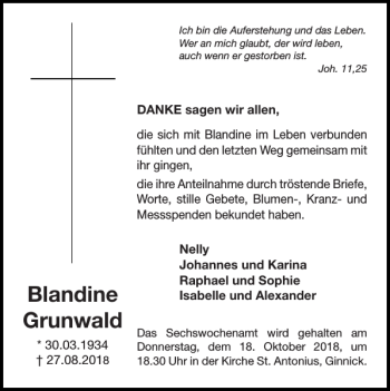 Traueranzeige von Blandine Grunwald von Super Sonntag / Super Mittwoch