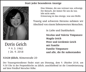 Traueranzeige von Doris Geich von Super Sonntag / Super Mittwoch