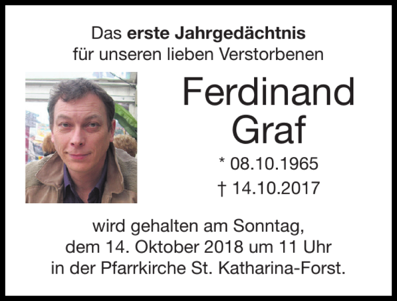  Traueranzeige für Ferdinand Graf vom 07.10.2018 aus Super Sonntag / Super Mittwoch