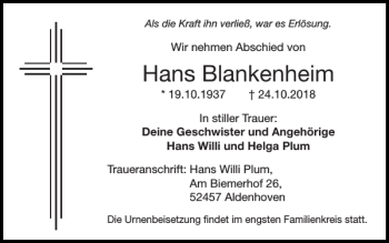 Traueranzeige von Hans Blankenheim von Super Sonntag / Super Mittwoch