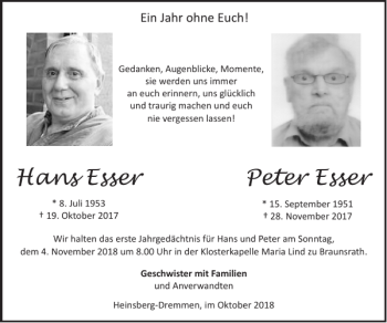 Traueranzeige von Hans Esser Peter Esser von Super Sonntag / Super Mittwoch