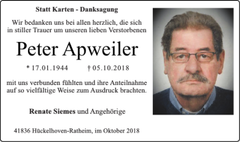 Traueranzeige von Peter Apweiler von Super Sonntag / Super Mittwoch