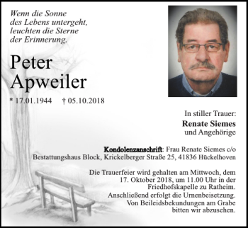 Traueranzeige von Peter Apweiler von Super Sonntag / Super Mittwoch