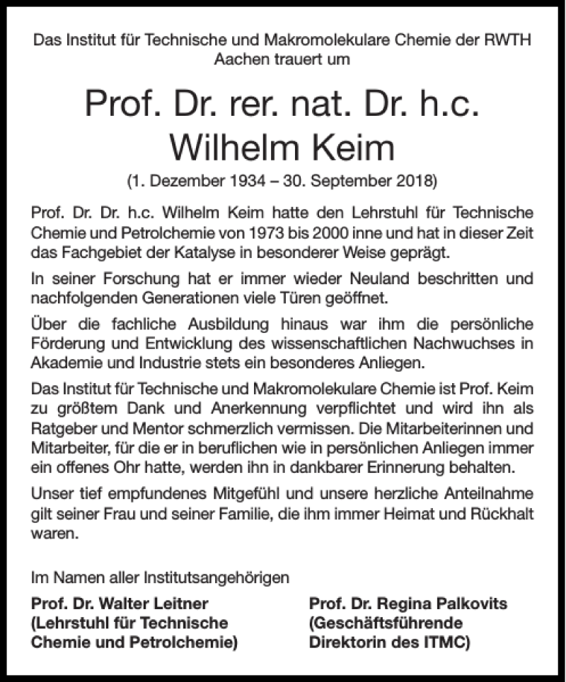 Traueranzeigen von Prof. Dr. Wilhelm Keim Aachen gedenkt