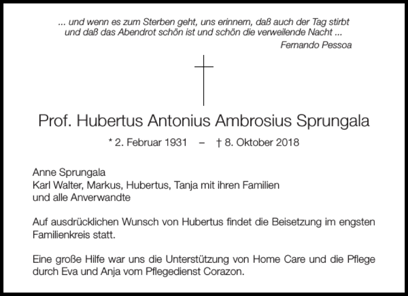  Traueranzeige für Prof. Hubertus Antonius Ambrosius Sprungala vom 13.10.2018 aus Aachener Zeitung / Aachener Nachrichten
