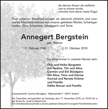 Traueranzeige von Annegert Bergstein von Super Sonntag / Super Mittwoch