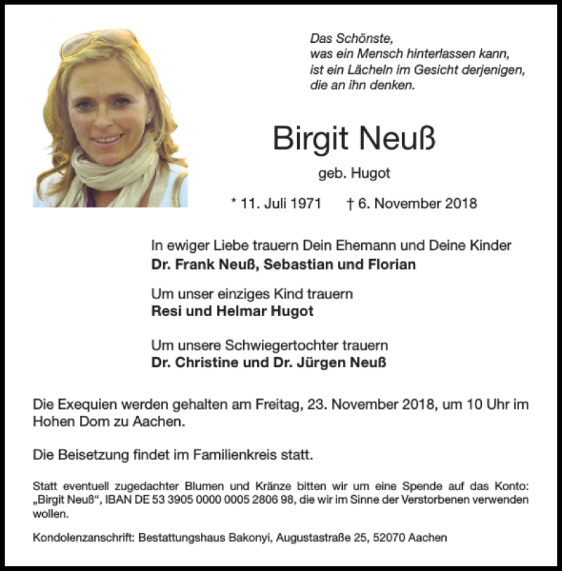  Traueranzeige für Birgit Neuß vom 17.11.2018 aus Aachener Zeitung / Aachener Nachrichten