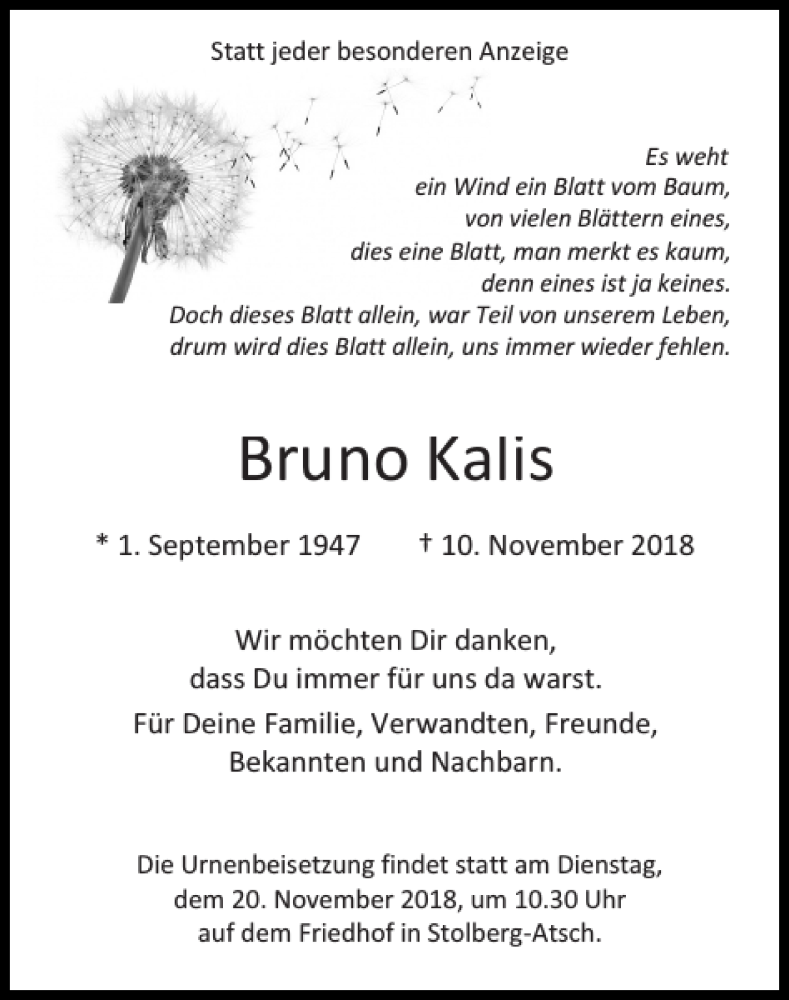  Traueranzeige für Bruno Kalis vom 18.11.2018 aus Super Sonntag / Super Mittwoch