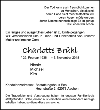 Traueranzeige von CCharl harlotte otte Brühl Brühl von Aachener Zeitung / Aachener Nachrichten