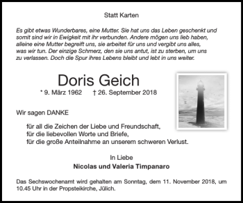 Traueranzeige von Doris Geich von Super Sonntag / Super Mittwoch