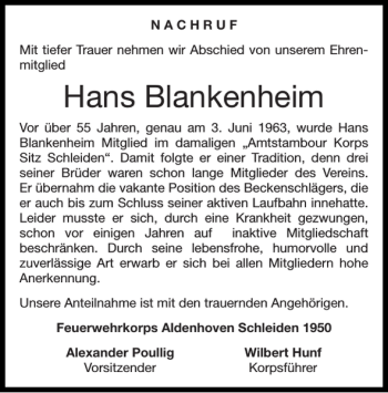 Traueranzeige von Hans Blankenheim von Super Sonntag / Super Mittwoch