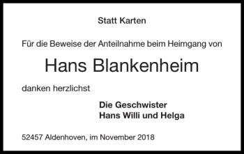 Traueranzeige von Hans Blankenheim von Super Sonntag / Super Mittwoch