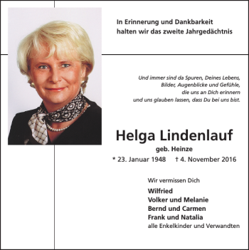 Traueranzeige von Helga Lindenlauf von Super Sonntag / Super Mittwoch