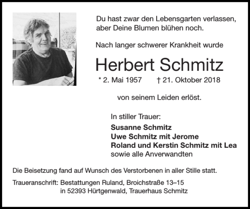  Traueranzeige für Herbert Schmitz vom 04.11.2018 aus Super Sonntag / Super Mittwoch