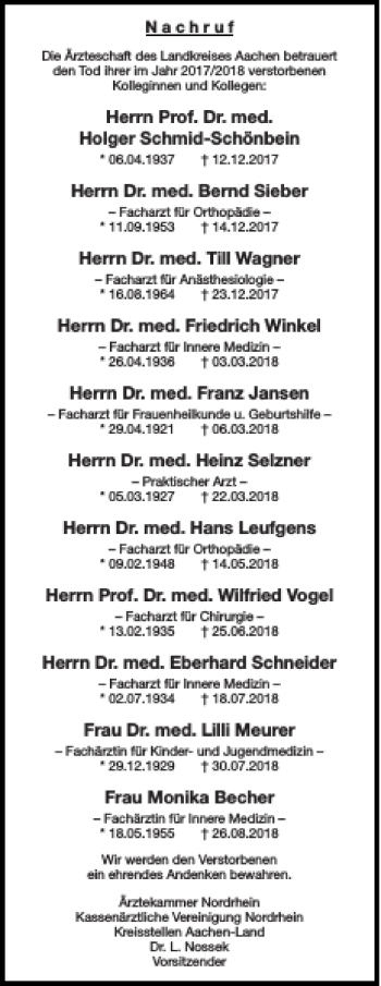 Traueranzeige von Prof. Dr. med. Holger Schmid-Schönbein von Aachener Zeitung / Aachener Nachrichten