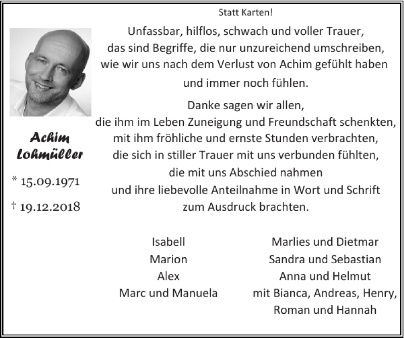  Traueranzeige für Achim Lohmüller vom 30.12.2018 aus Super Sonntag / Super Mittwoch