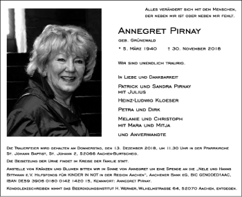 Traueranzeige von Annegret Pirnay von Aachener Zeitung / Aachener Nachrichten