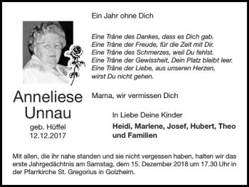 Traueranzeige von Anneliese Unnau von Super Sonntag / Super Mittwoch