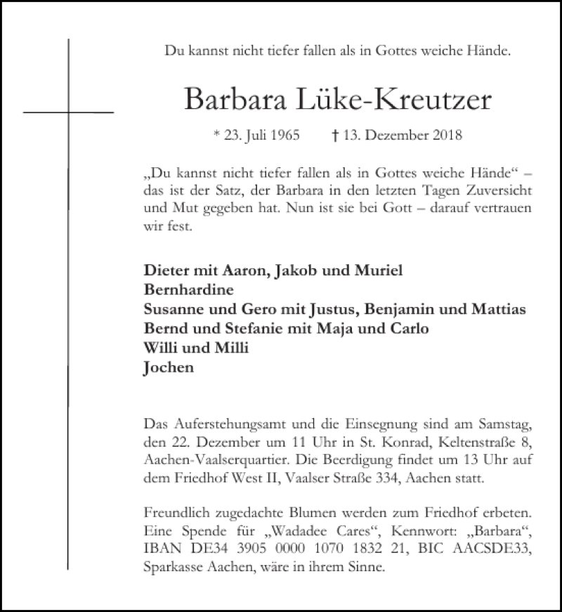  Traueranzeige für Barbara Lüke-Kreutzer vom 19.12.2018 aus Aachener Zeitung / Aachener Nachrichten