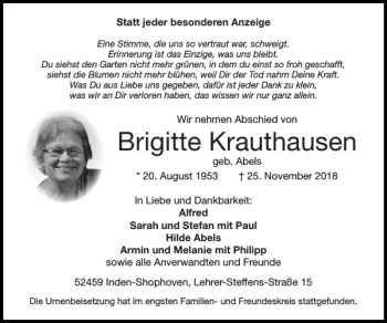 Traueranzeige von Brigitte Krauthausen von Super Sonntag / Super Mittwoch