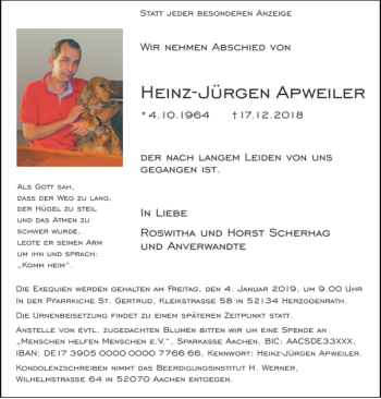 Traueranzeige von Heinz-Jürgen Apweiler von Super Sonntag / Super Mittwoch